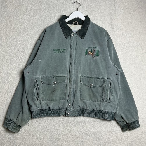 True Vintage John Deere Chore Jacket Snap Button Zip Corduroy Collar Indigo L - Picture 1 of 11