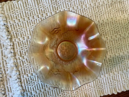 Ventilador afilado iridiscente plegable volantes naranja caléndula cuenco 7" vintage - Imagen 8 de 9