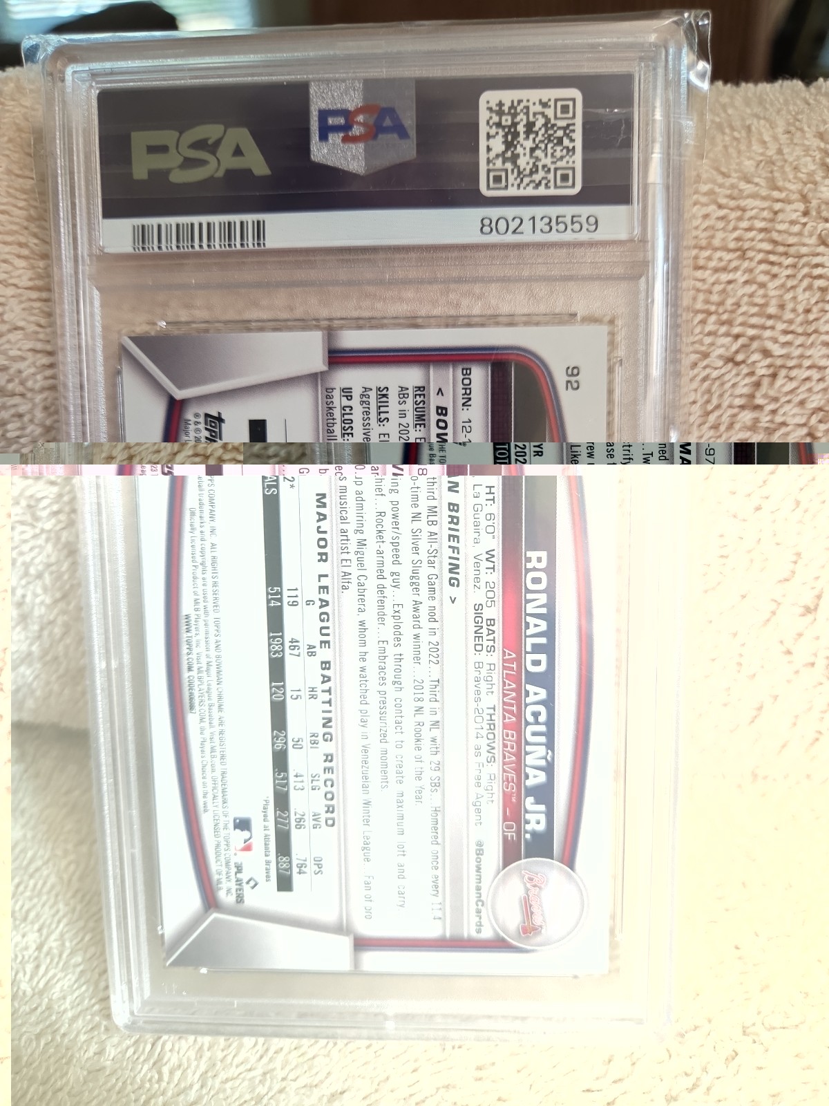 2023 Bowman - Ronald Acuña Jr. #92 Chrome Aqua Mojo Refractor /225 PSA 10 view 5