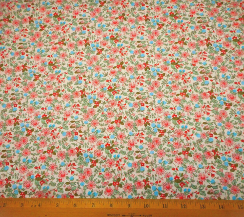 Quilt Fabric By Yard SALE Pink Blue Floral Teal Leaves on White Cotton Vtg #PC - Picture 2 of 2
