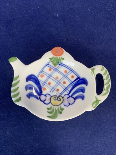 Juego de 2 soportes para bolsas de té forma de tetera cerámica porcelana azul verde  - Imagen 1 de 3