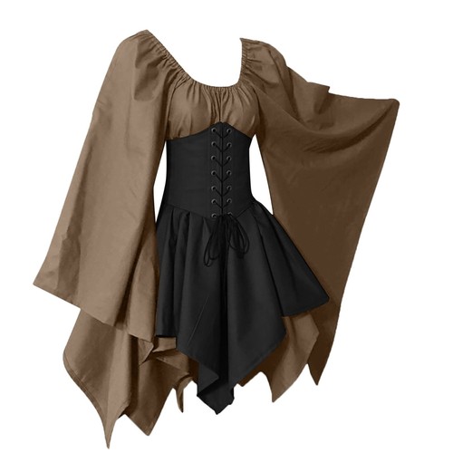 Medieval Costume Dress For Womens Trumpet Sleeve Irish Shirt Dress With Corset - Picture 16 of 37