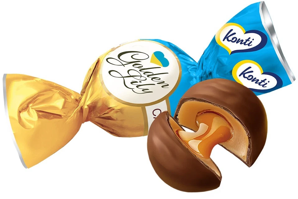 Dulces ucranianos KONTI caramelo chocolate lirio dorado relleno de leche 7 oz/200 g Foto 2 de 2
