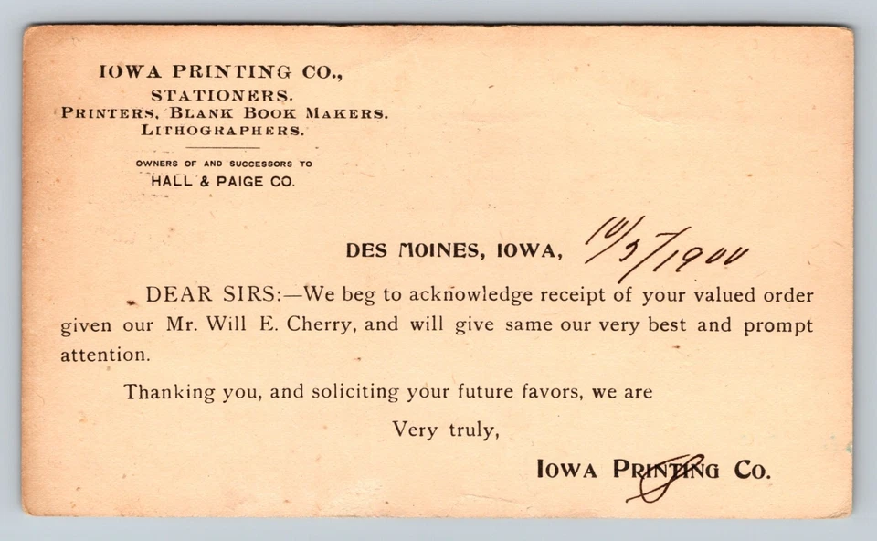 1897 UX14 Postal Card IOWA PRINTING CO DES MOINES IA To CORNING Savings Bank IA - Image 3 of 3