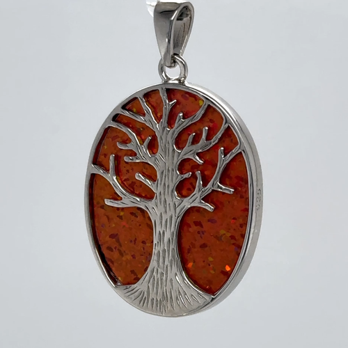 Mex. Fire Oval FIRE OPAL Tree of Life Pendant - 925 STERLING SILVER Rhodium #49e - Video 1 of 1