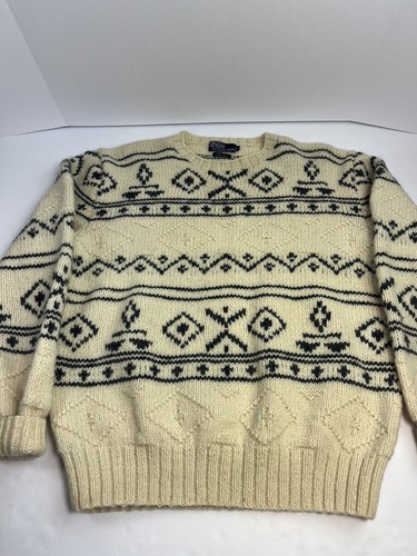 Polo Ralph Lauren Hand Knit 100% Wool Aztec Pullover Sweater Men's XL Cream Crew - Picture 2 of 7