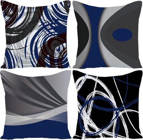 Set Of 4 Throw Pillow Covers Modern Abstract Dark Blue Stripes Gray Black White