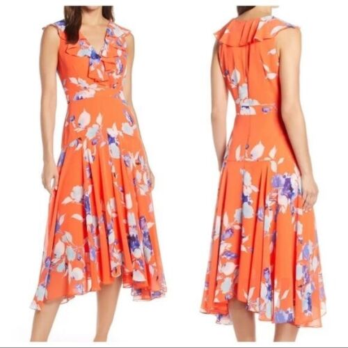 NEW Eliza J Floral Orange Print Shark Bite Hem Midi Dress, size 6 Wedding Guest