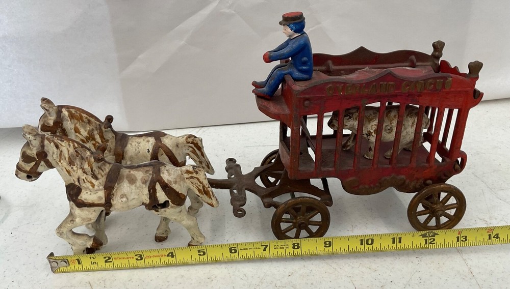Antique Cast Iron Kenton Overland Circus Wagon Toy with Horses Driver and Bear