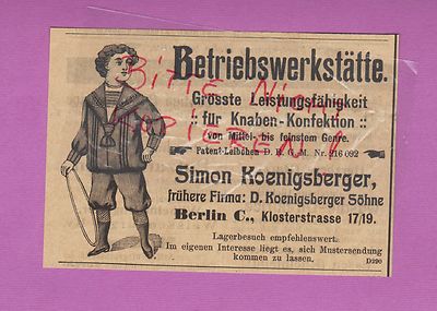 BERLIN, Werbung 1905, Simon Koenigsberger Betriebswerkstätte Knaben-Konfektion
