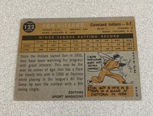 1960 Topps Rookie Star #122 indios Don Dillard - Imagen 2 de 2