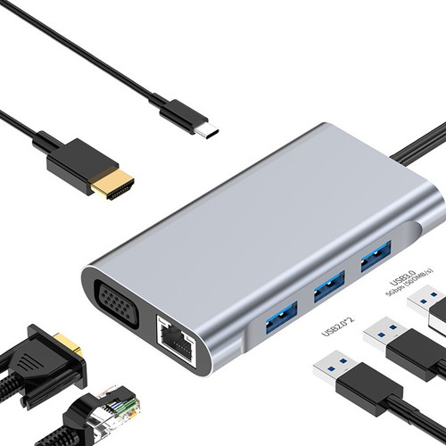 7-in-1 USB C Hub USB Type C to USB 3.0 2.0 USB-C PD 4K HDMI VGA RJ45 Adapter - 第 1/6 張圖片