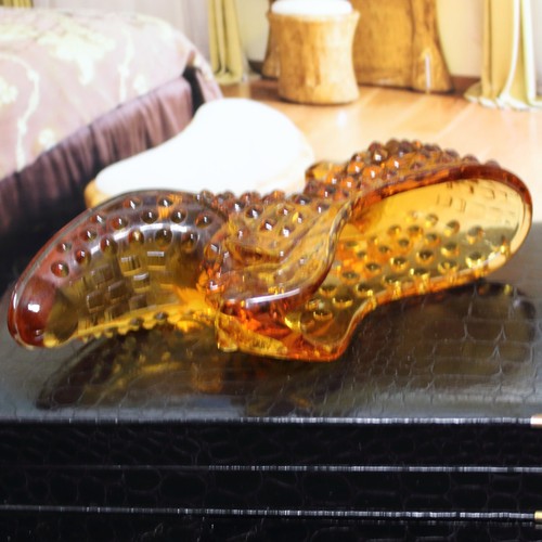 Zapato de vidrio ámbar Fenton hobnail con gato 5" de largo década de 1970 excelente estado - Imagen 3 de 5