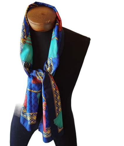 Vintage Avon Polyester Tassels Scarf Blue Green and Rust Made in Italy - Picture 4 of 7