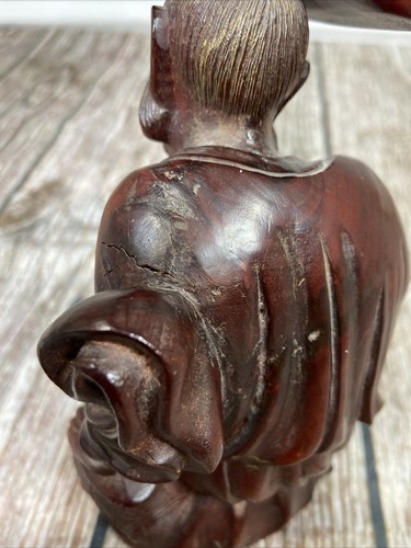 Vintage Chinese Rosewood Statue Man Wood Carving Figurine Inlay eye & Teeth 7” - Picture 5 of 19