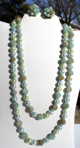 vtg Necklace Clip Earrings Blue Sugar Beaded doub… - image 1