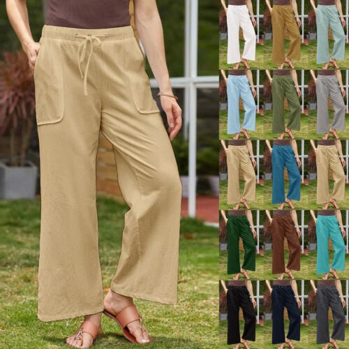 Womens Casual Solid Color Pants Loose Pockets Elastic Belt Waist Long Trousers