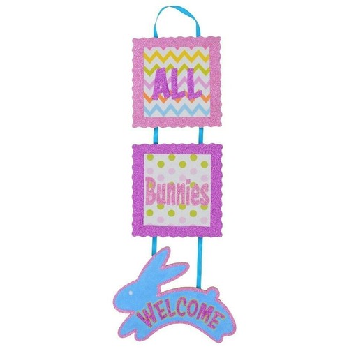 All Bunnies Welcome Easter Three Tiered Wood Door Wall Hanging 19 x 7.5 - Picture 3 of 6