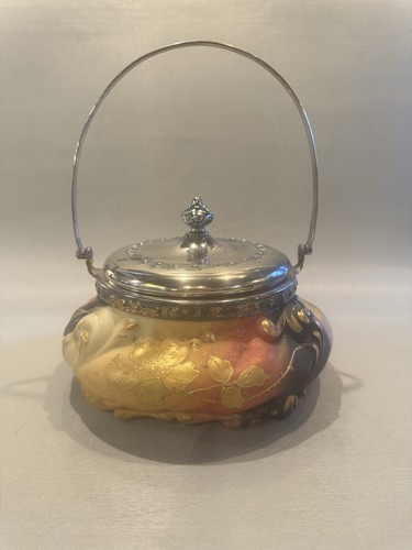 19th Century Mount Washington Porcelain and Silver Plate Cracker Jar - Picture 1 of 12