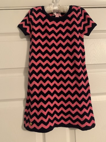 Lilly Pulitzer Girls Santana Pink & Navy Chevron Sweater Dress- S (4-5)
