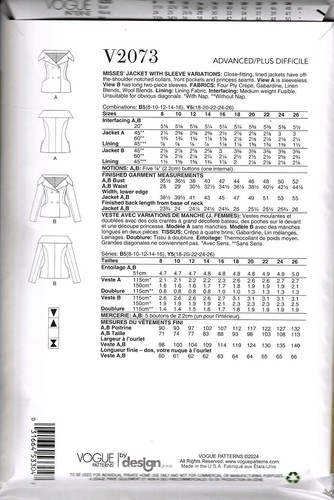 Vogue V2073 Misses 8 to 16 Off the Shoulder Lined Jacket Uncut Sewing Pattern - Picture 2 of 2