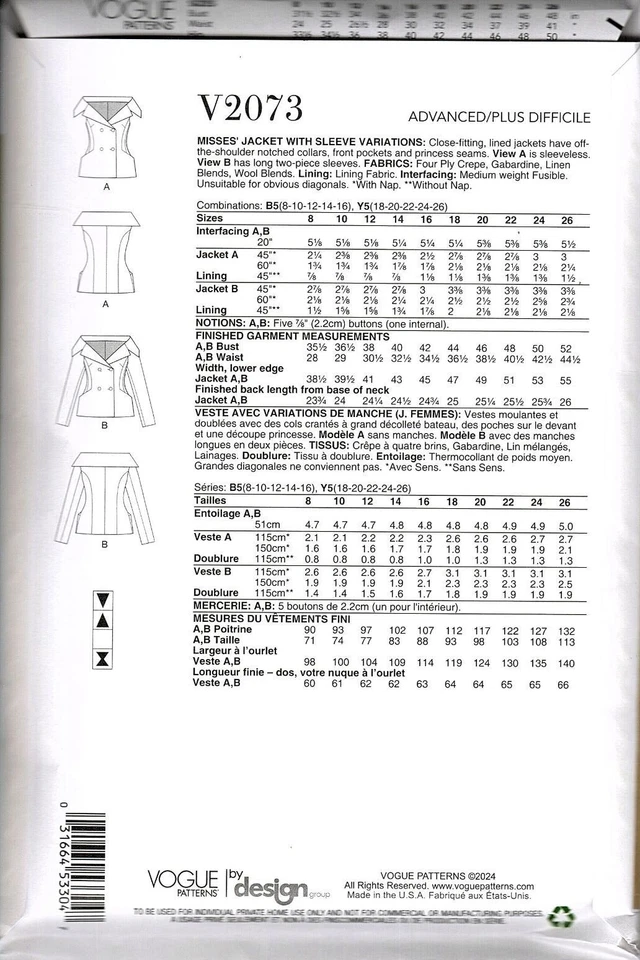 Vogue V2073 Misses 8 to 16 Off the Shoulder Lined Jacket Uncut Sewing Pattern - Image 2 of 2