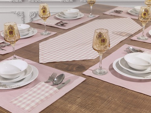 Seven piece dining set, table runner and 6 place-mats in gingham grey, red, blue - Picture 30 of 33