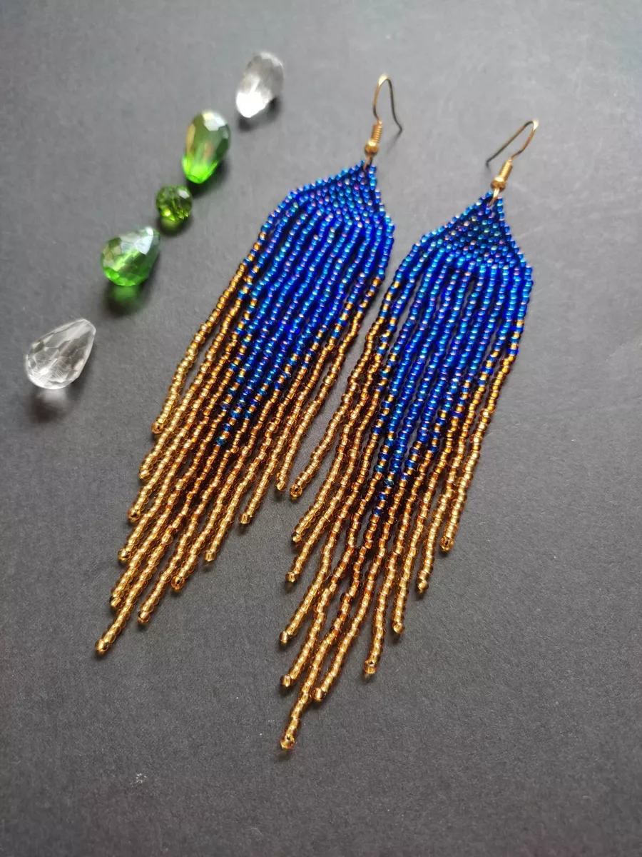 Fringe Beaded Earrings Blue Gold Seed Bead earrings long earrings