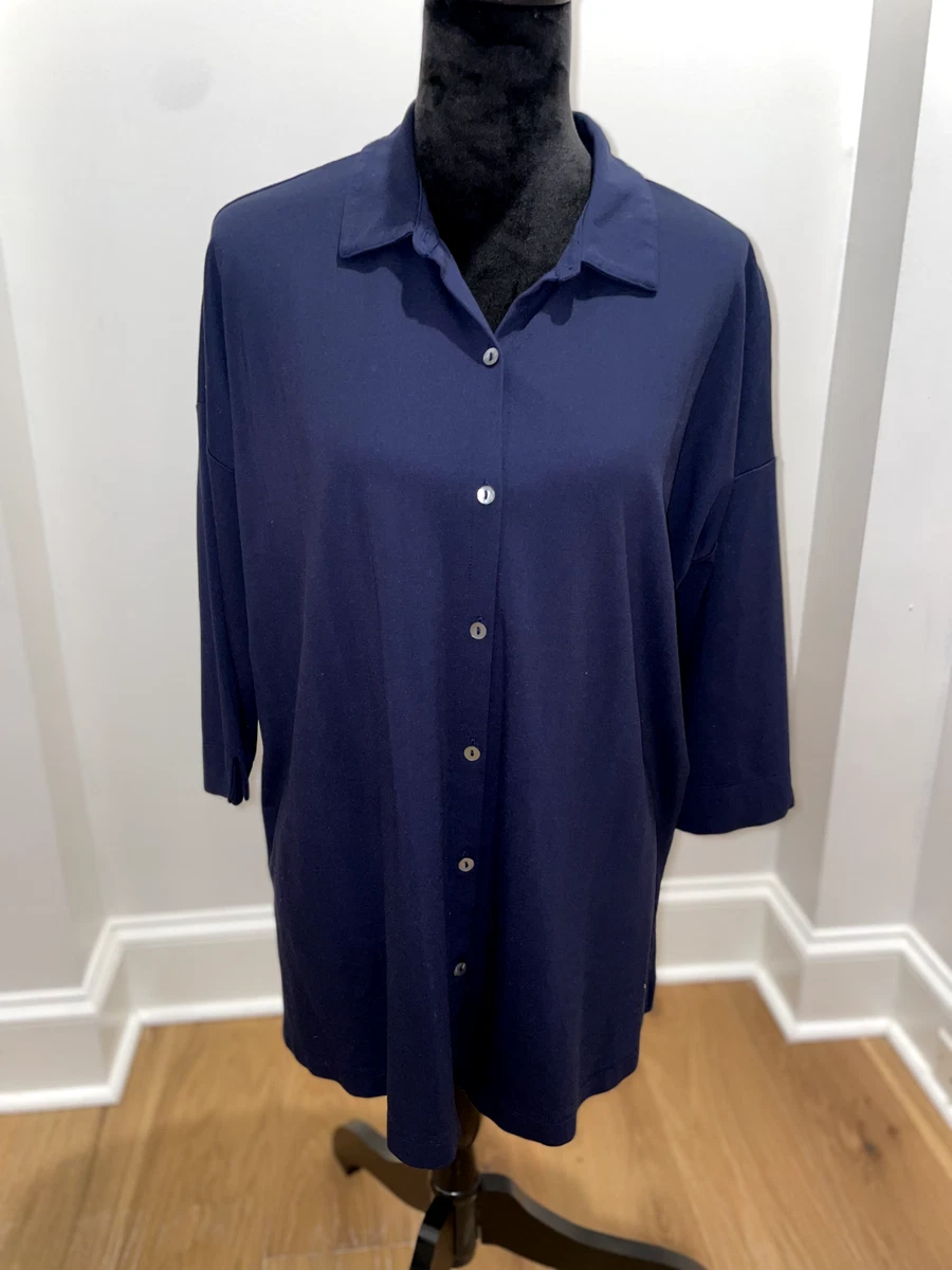 J Jill Tunic Womens Medium Longline Full Button Blouse Navy Blue Shirt Top