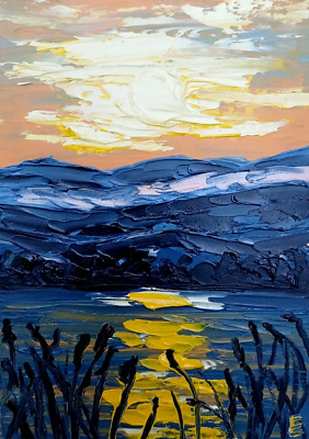 Oil Painting Summer Sunset Original Flowers Landscape Art Wall Decor size 7 x 5''