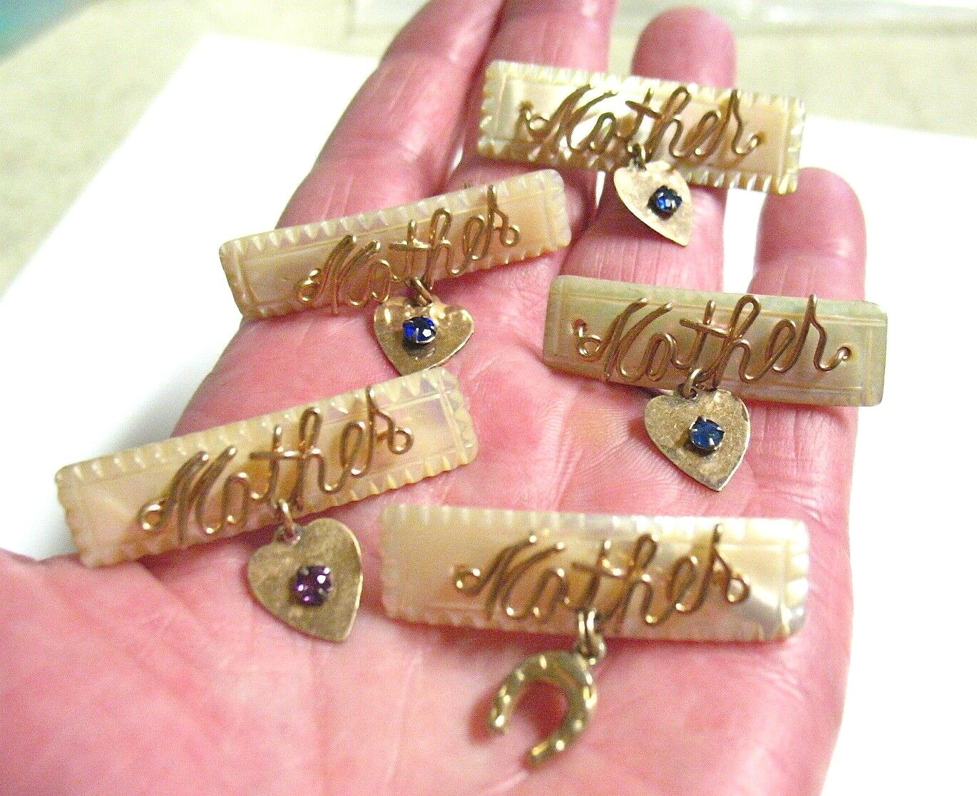 MOTHER OF PEARL GOLD "MOTHER" PINS VINTAGE LOT OF 5 … Gem