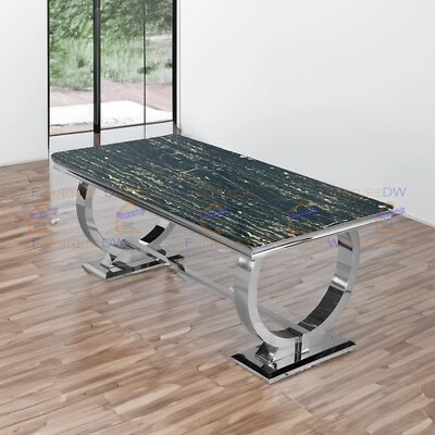 Arriana 180cm Marble Dining Table Black&Gold Top Double Ring O Chrome Stand Base - Image 1 of 4