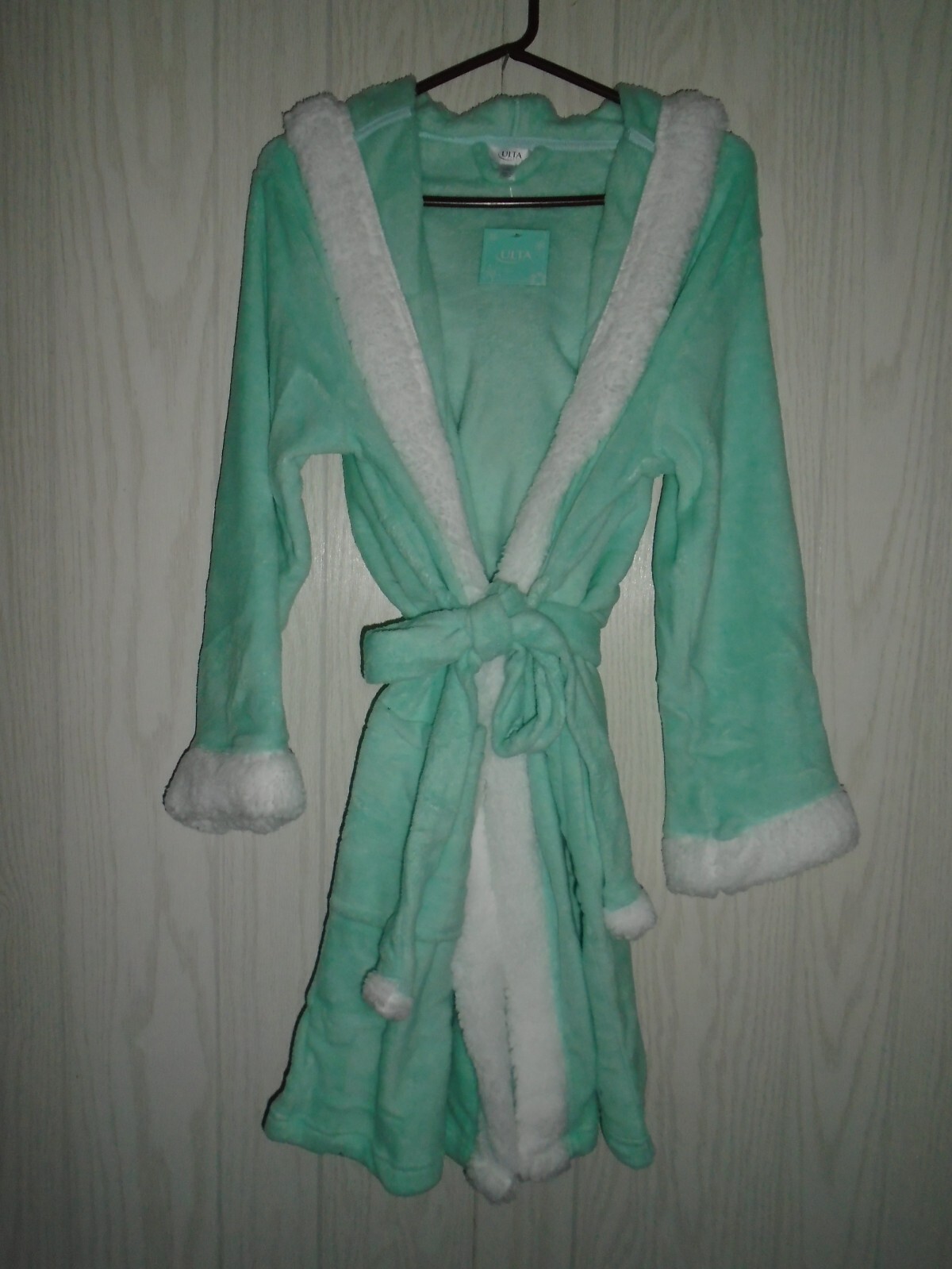Ulta Beauty Aqua/Green Plush Bathrobe With Hoodie White Trim Women's L/XL NWT eBay