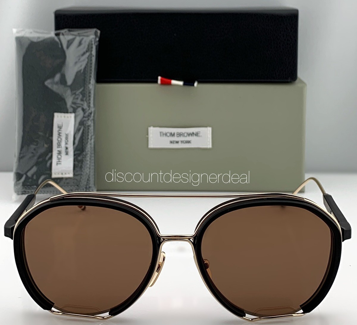 Thom Browne Aviator Sunglasses TBS810-56-01 Black Gold Frame