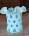 Vintage FENTON Blue Opalescent Optic Coin Dot Ruffled Top Hat **Beautiful**