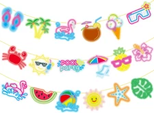 Beach Pool Banner Neon Summer Theme Party Decorations 3PCS Glow Pool Party Cutou