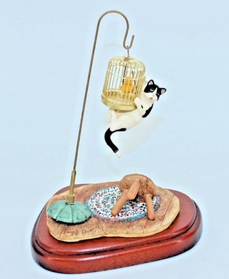 Lowell Davis ''Oh Sheeeit'' Figurine Cat Swinging On A Bird Cage Black & White Cat