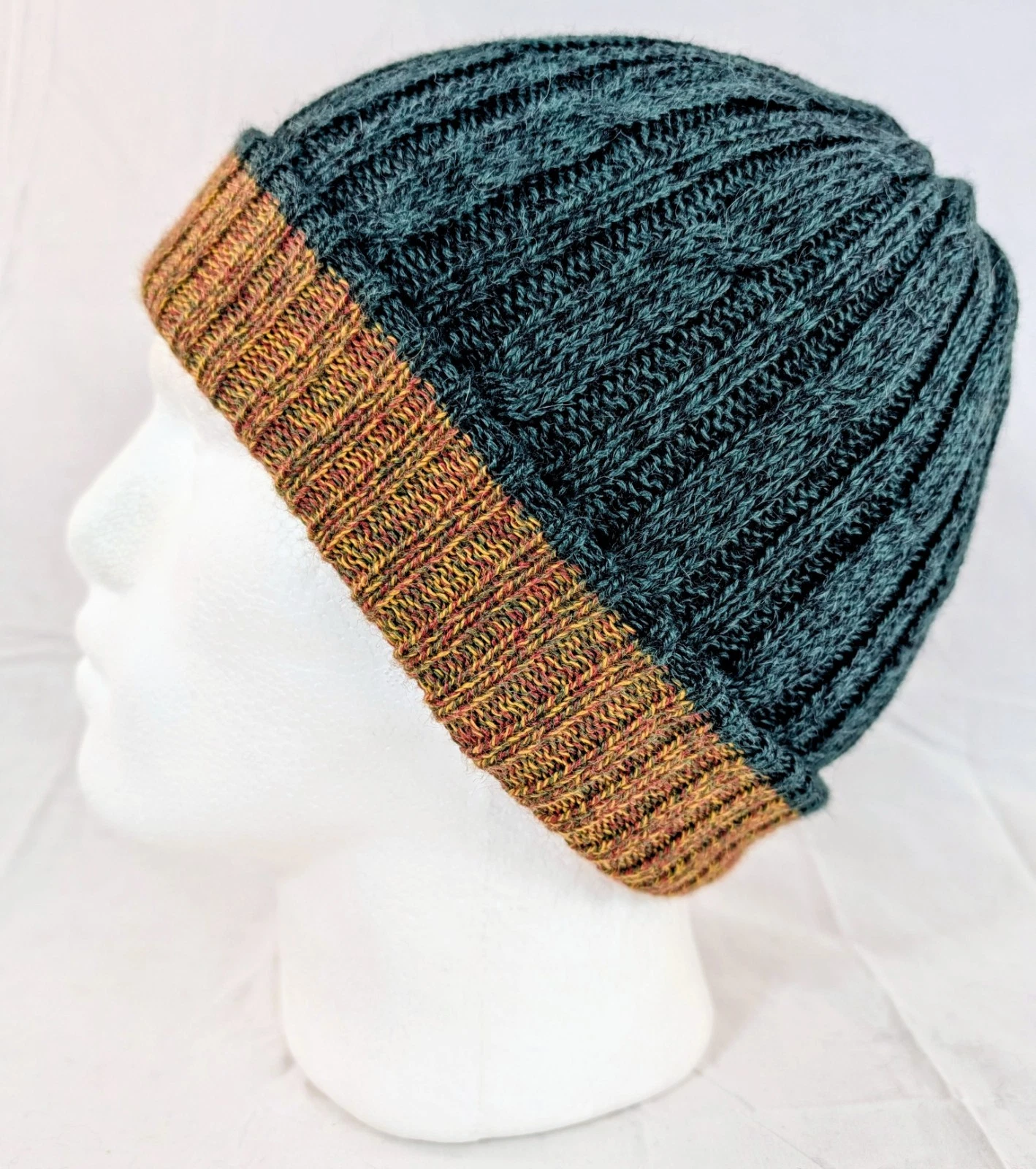 Extra Soft Baby Alpaca Reversible Cable Knit Beanie Dark Green Orange Handmade