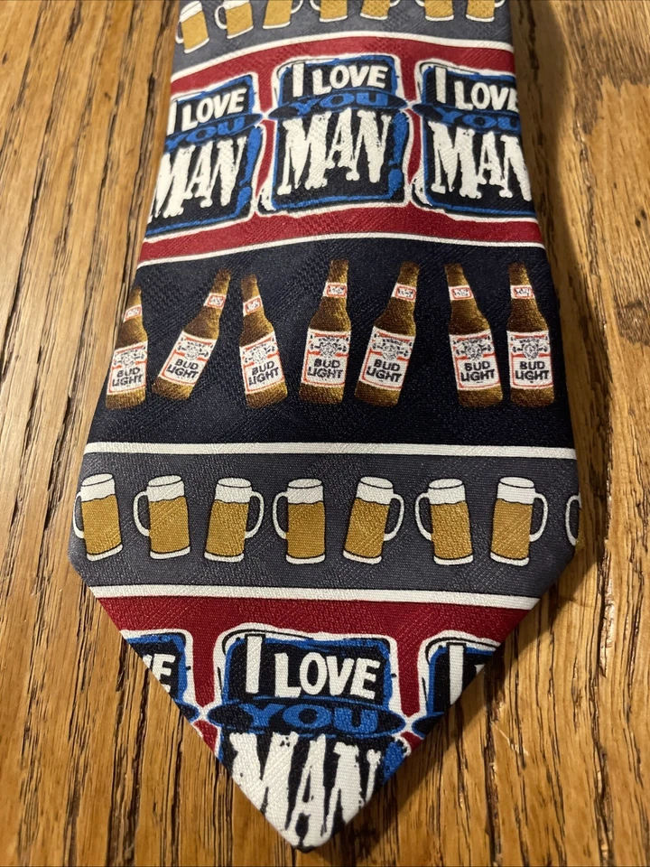 Corbata vintage usada en excelente estado años 90 Budweiser Bud Light Theme I Love You Man 1996 EE. UU. Foto 2 de 4