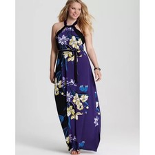 Tahari Purple Floral Halter Maxi Dress Tie Waist Womens Size Large NWT
