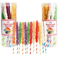 24 Crystal Rock Candy Sticks - Sweet Hard Sugar Lollipop Snacks with Strong F...