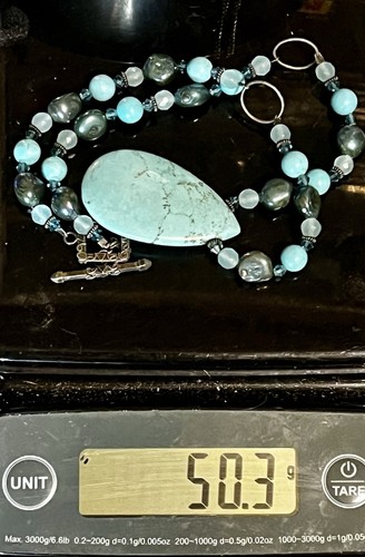 Sterling Silver Large Howlite Pendant Necklace Black Glass / Turquoise Beads - Picture 14 of 14