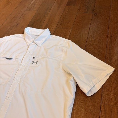 Mens Under Armour HeatGear Fishing Ventilated Button Shirt White Loose sz L - Picture 2 of 14