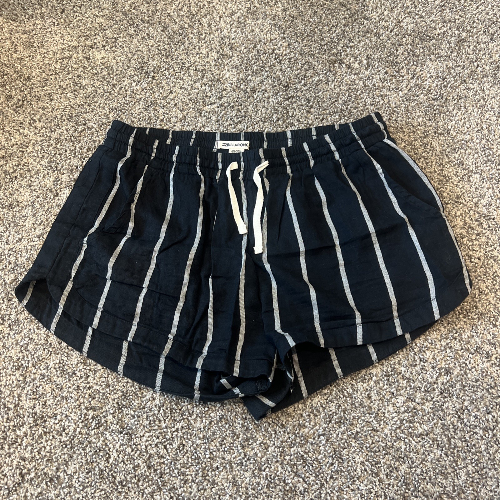 Billabong Women’s Drawstring Pocket Cover Up Shorts Black And White Stripe Large