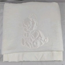 Vintage White Soft Fleece Satin Teddy Bear Baby Blanket Matte Satin Trim 50" 40"