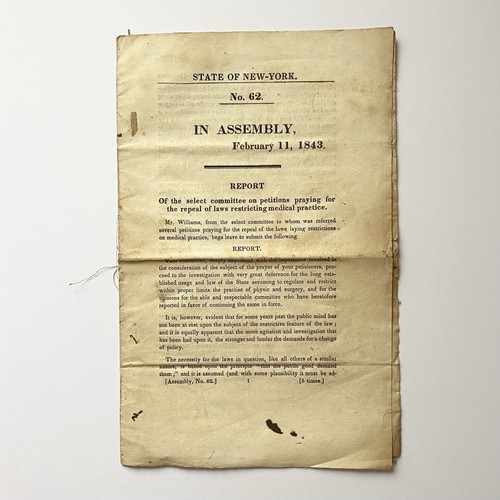 1843 New York State Assembly Bericht einschränkende Gesetze medizinische Praxis Geschichte