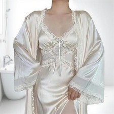 Cottagecore Ivory Satin Lingerie, Bridal Robe Slip Dress Set, Vintage Lace