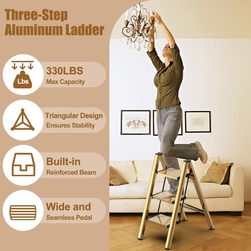 Foldable 3 Step Stool for Closet/Kitchen-Aluminium Gold Step Ladder Stools, F... - Picture 2 of 6