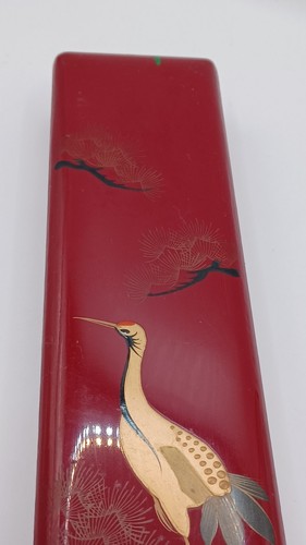 Vintage japanische lackierte Schachtel mit 7 Essstäbchen, handbemalter Kranich, Baum D2117 - Bild 10 von 24