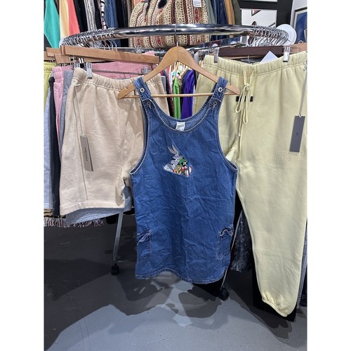 Vintage 90s Looney Tunes Warner Bros Blue Denim Embroidered Overall Dress Size S
